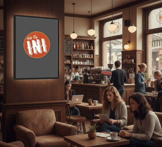 Digital ad display in a cozy wood-toned café